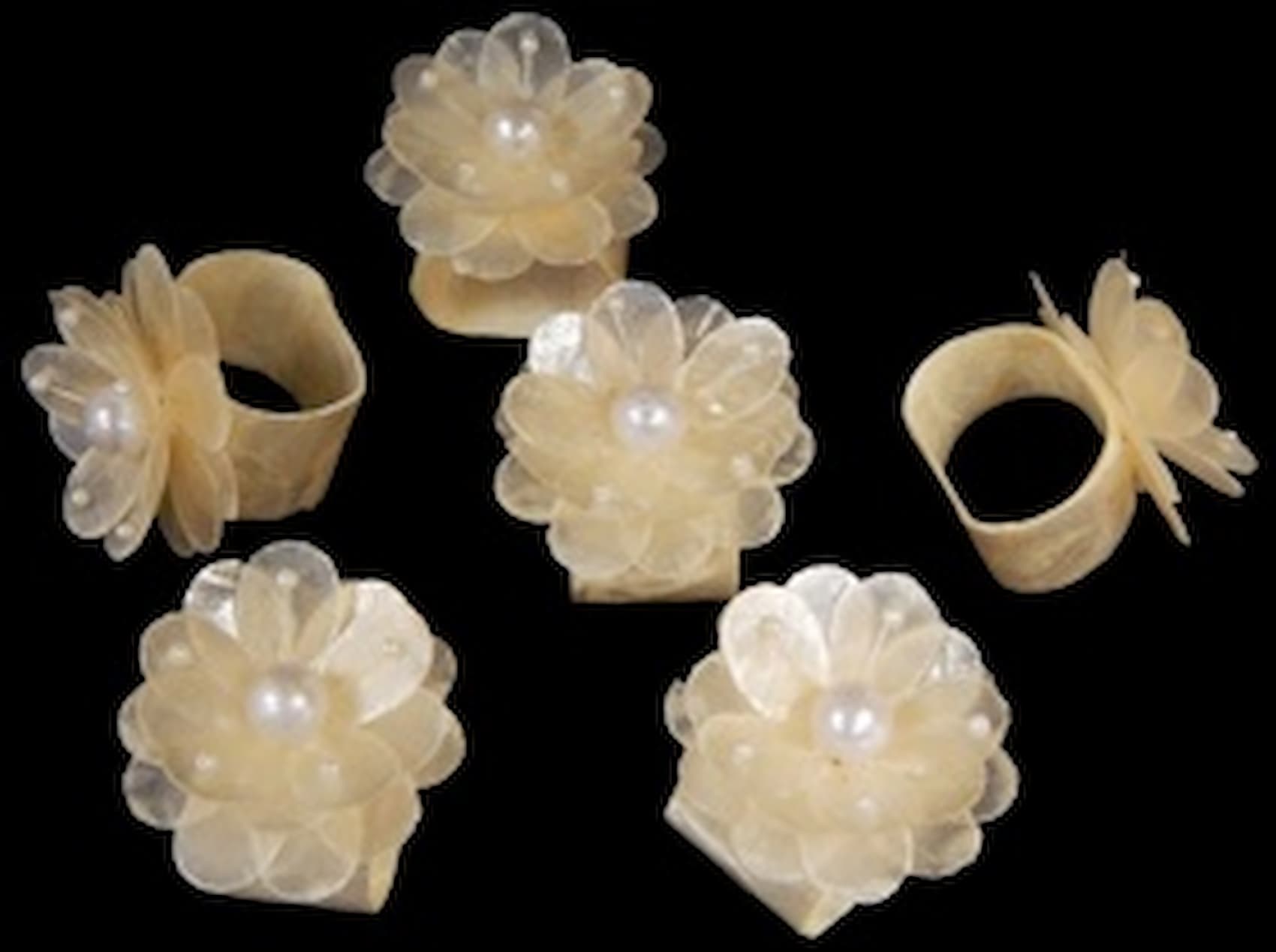 Capiz Napkin Rings with Flower & Pearl Cluster measuring 2"   Sold Each   60526