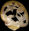 Golden Triple Dolphins Carved From Gold Lip Oyster Shells measuring 6 to 8" Sold Each    60426