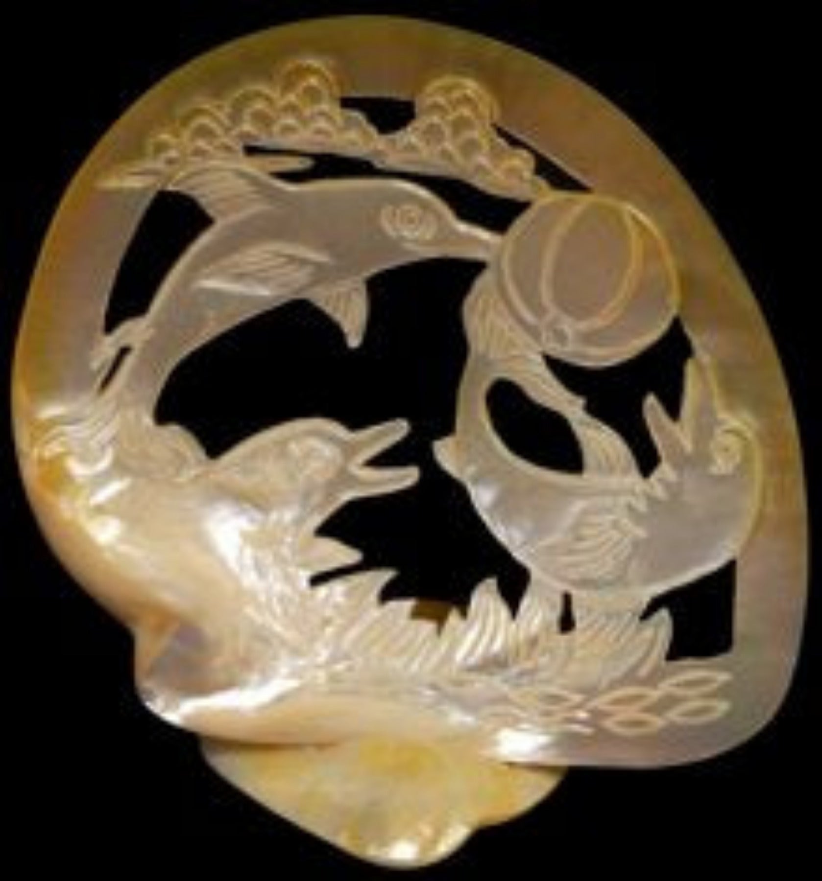 Golden Triple Dolphins Carved From Gold Lip Oyster Shells measuring 6 to 8" Sold Each    60426
